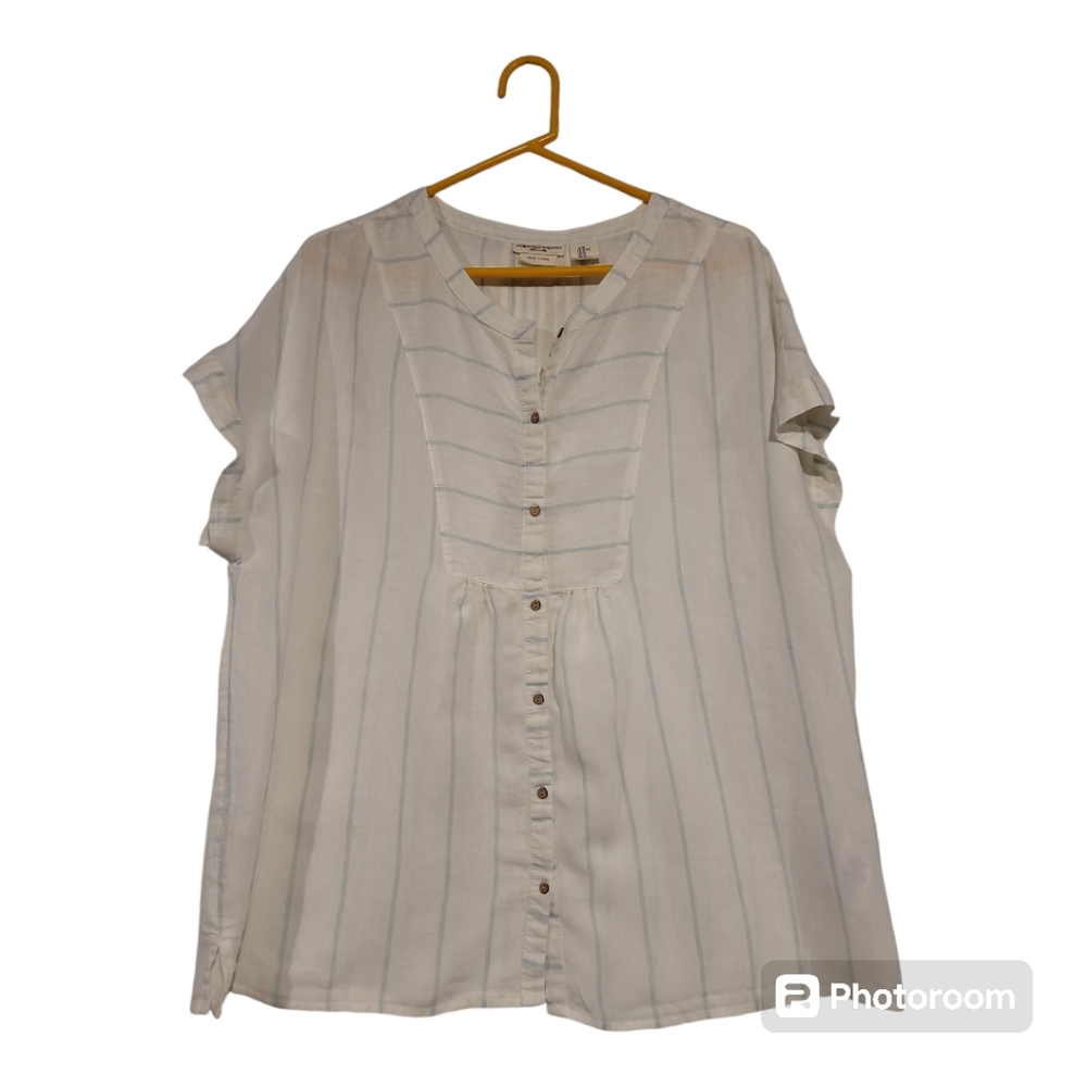 Christian Siriano blouse linen XL white sm green-blue vertical stripe buttons